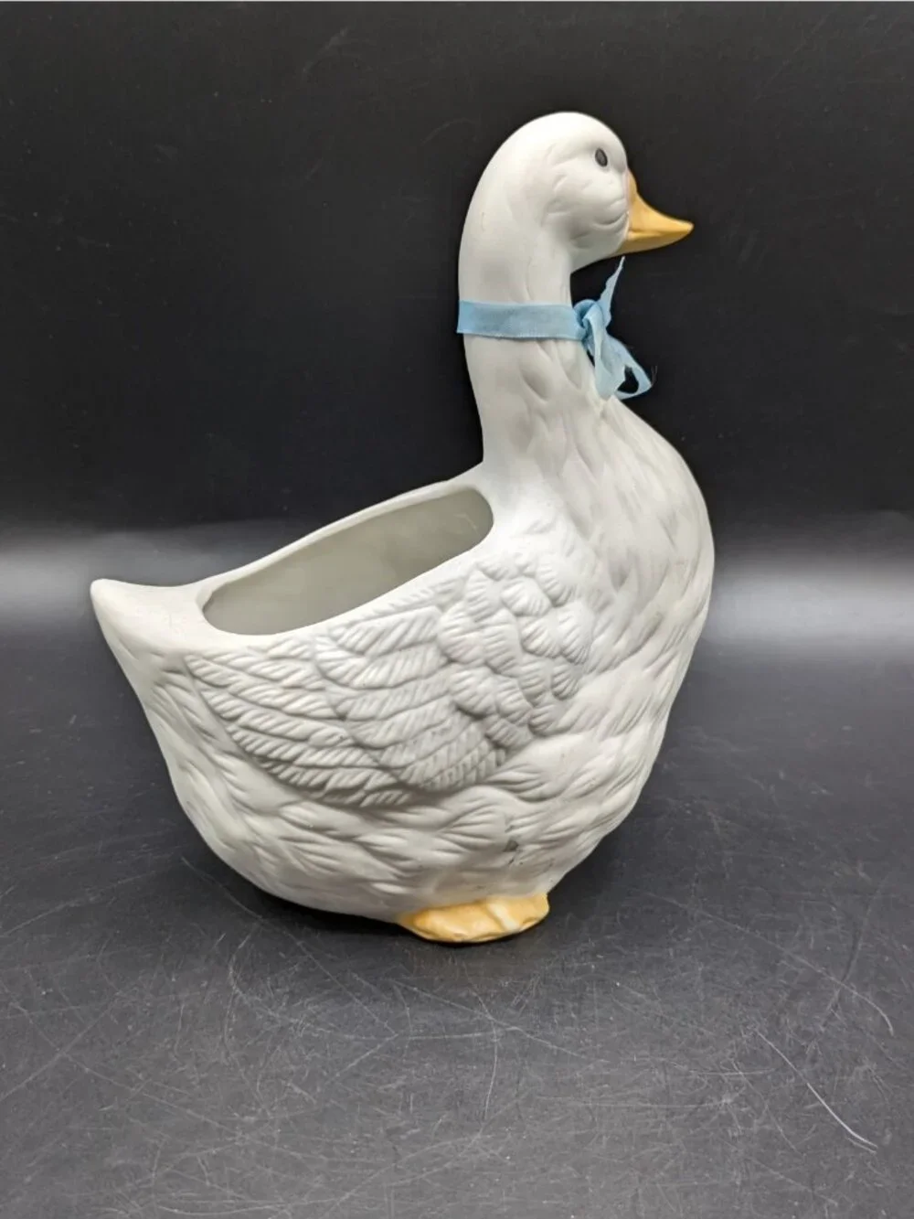 Homco Vintage Duck Goose Planter White Bisque Blue Bow Farmhouse Cottagecore 7